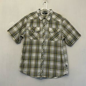 The North Face yellow gray plaid short snap button front shirt Size L EUC